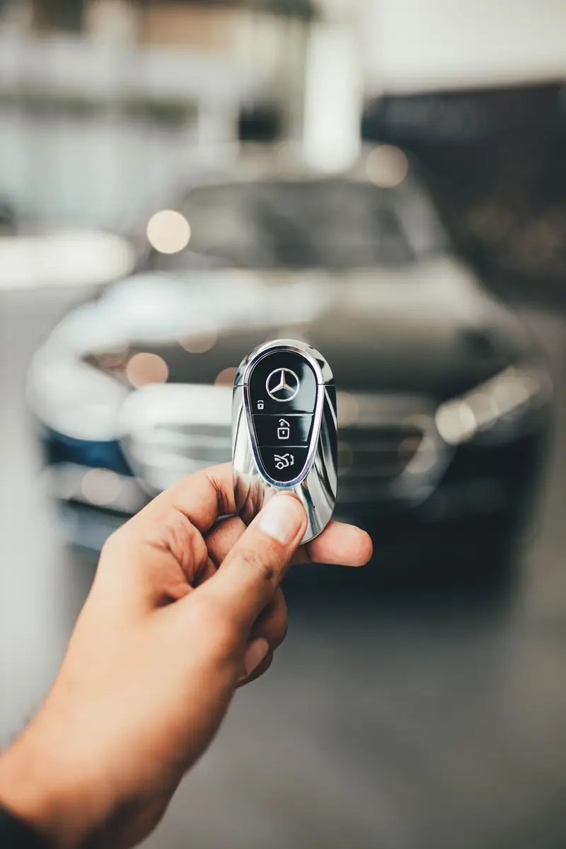 Mano che tiene la chiave di una Mercedes appena consegnata